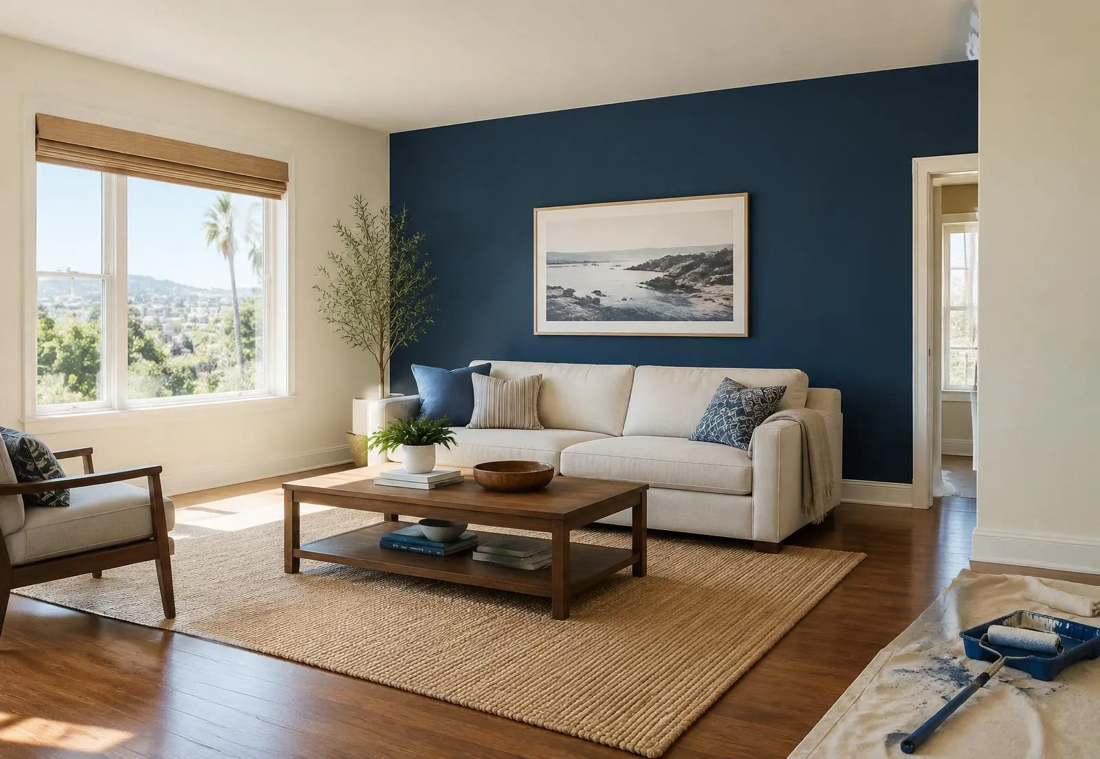 Living room with warm ivory walls and a deep navy accent wall — representative image